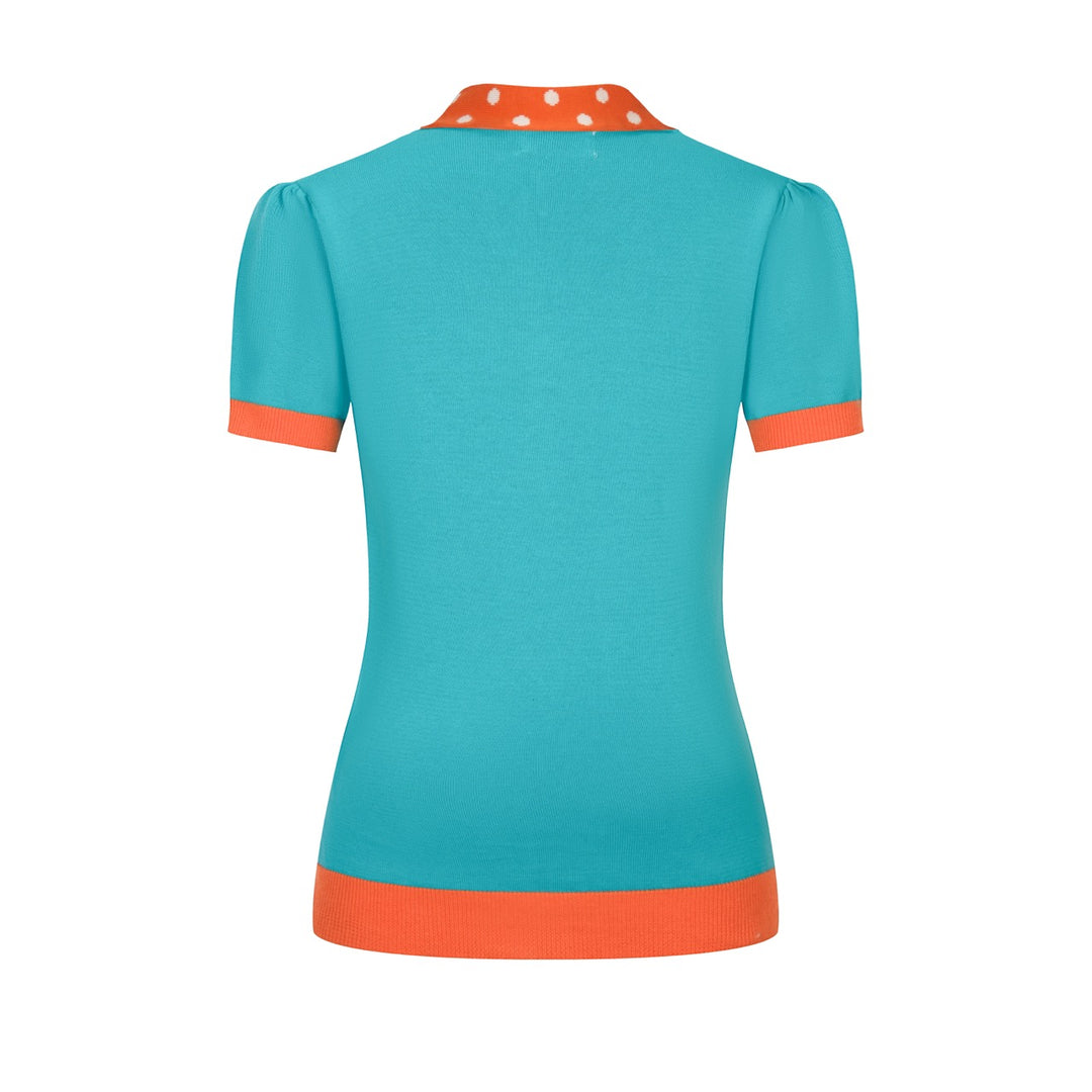 Dames Blauw-Groen Retro Polkadot Strik Gebreid T-Shirt