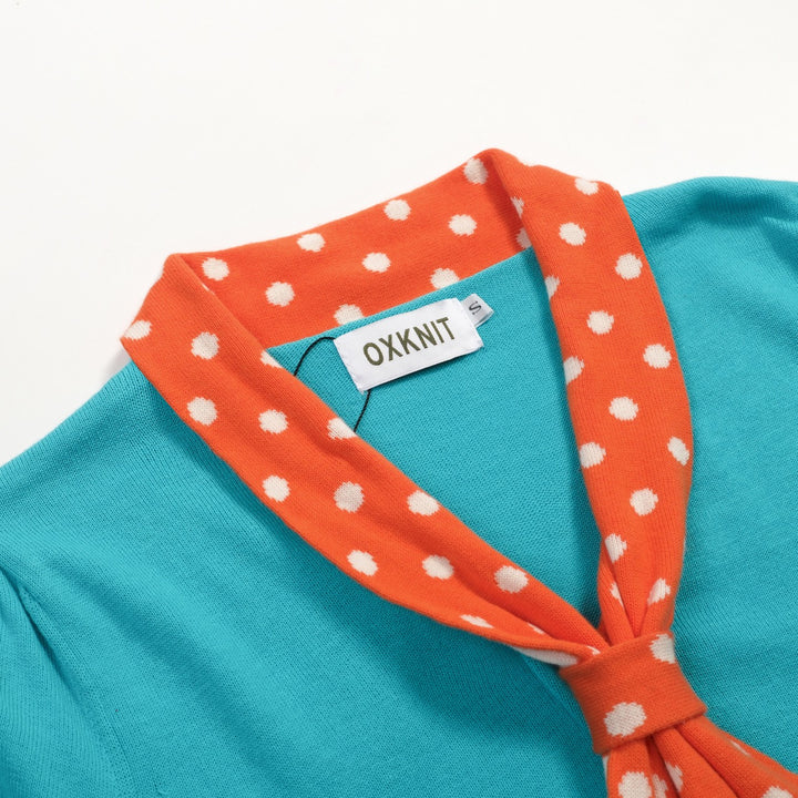 Dames Blauw-Groen Retro Polkadot Strik Gebreid T-Shirt