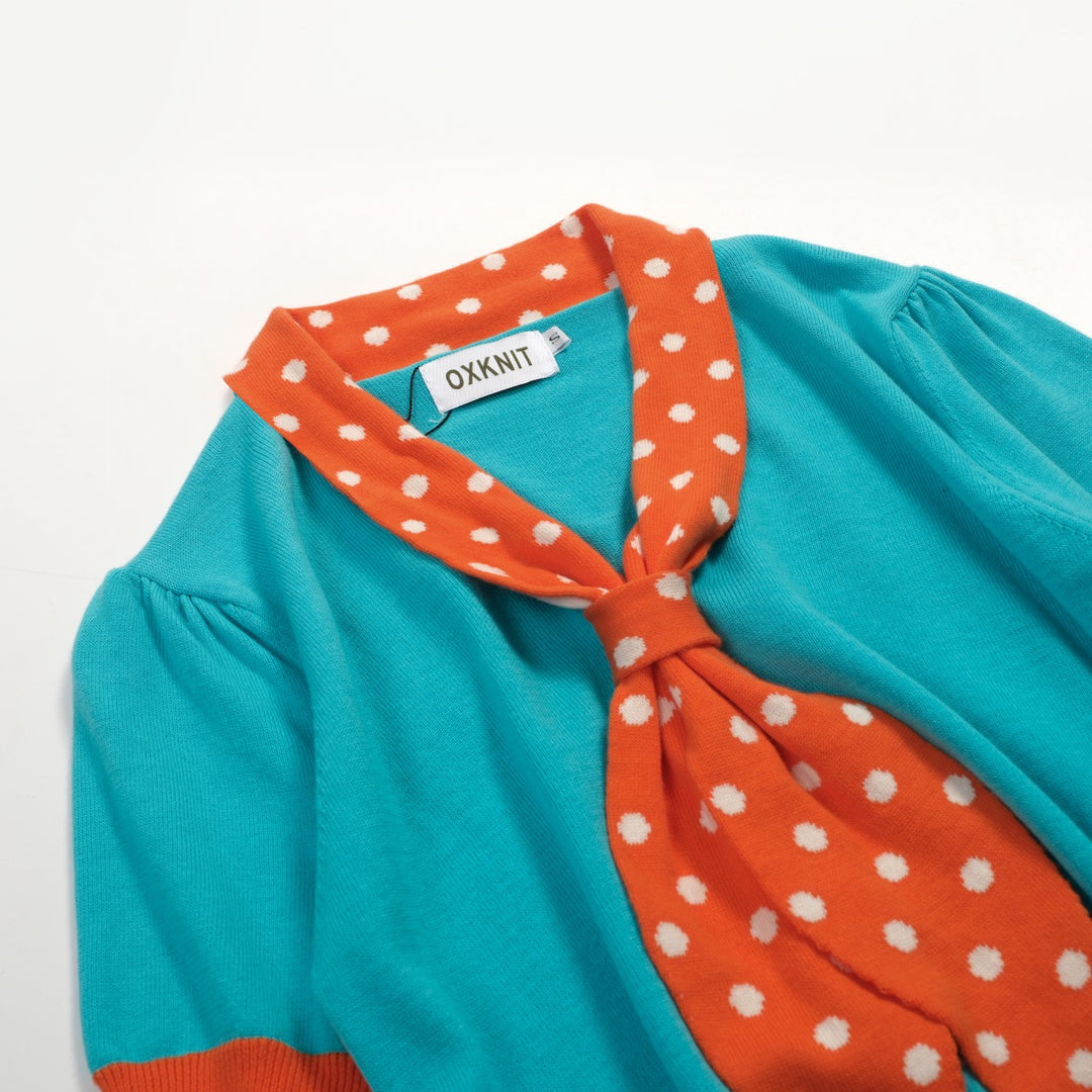Dames Blauw-Groen Retro Polkadot Strik Gebreid T-Shirt