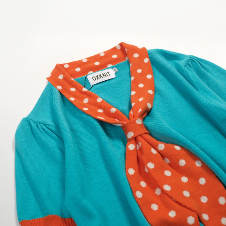 Dames Blauw-Groen Retro Polkadot Strik Gebreid T-Shirt