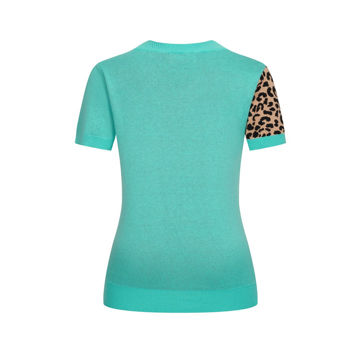 Groen gebreid T-shirt met V-hals en luipaardprint voor dames