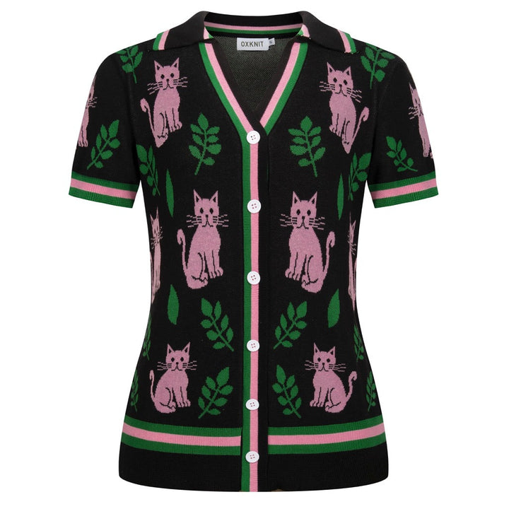 T-shirt en maille noir rétro pour femme à col en V avec motif chat