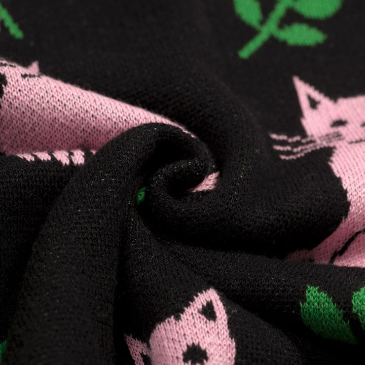 T-shirt en maille noir rétro pour femme à col en V avec motif chat