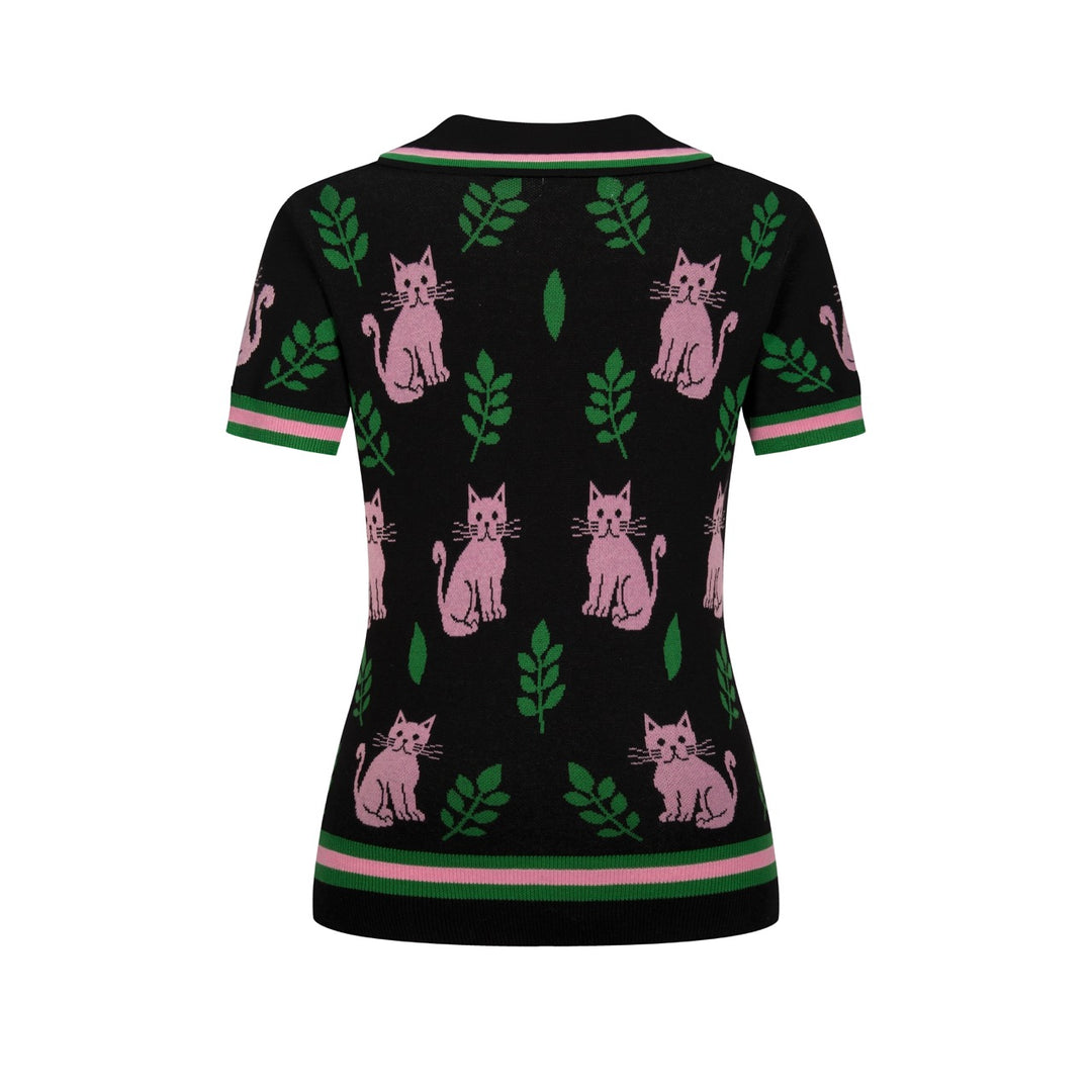 T-shirt en maille noir rétro pour femme à col en V avec motif chat