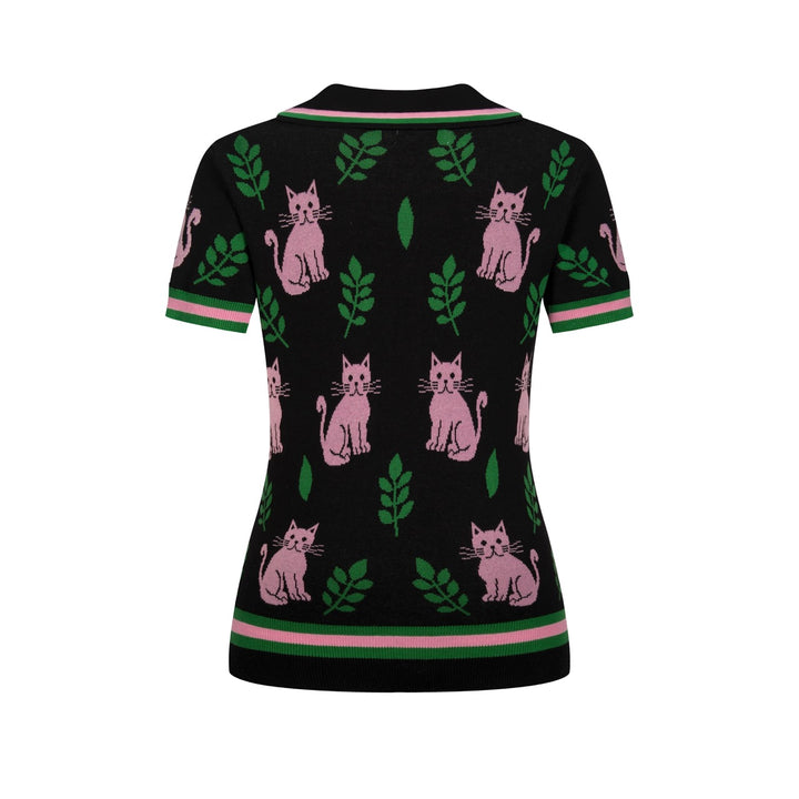 T-shirt en maille noir rétro pour femme à col en V avec motif chat