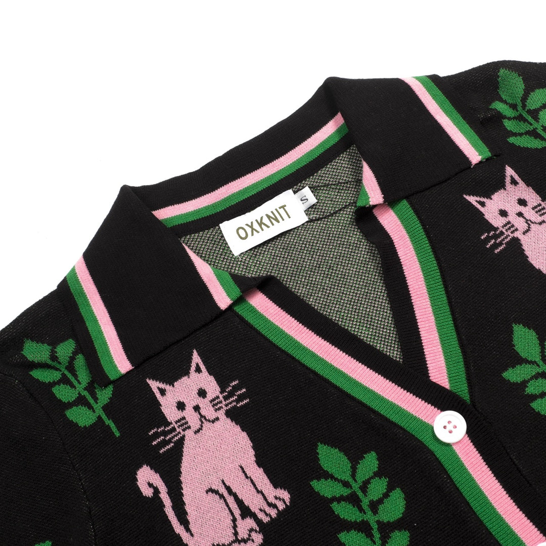 T-shirt en maille noir rétro pour femme à col en V avec motif chat