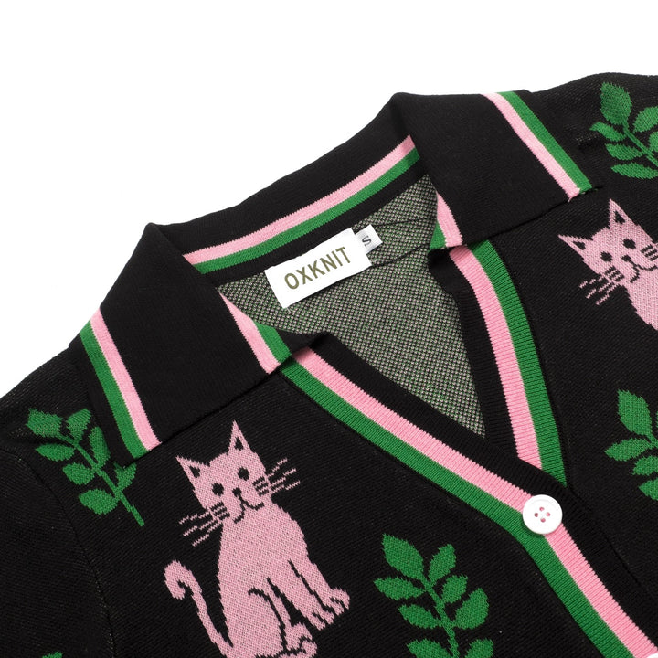 T-shirt en maille noir rétro pour femme à col en V avec motif chat