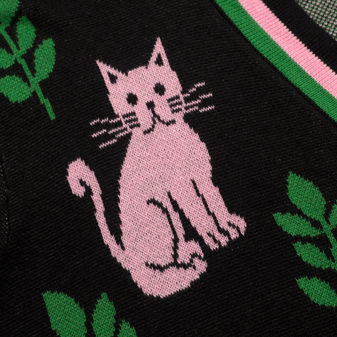 T-shirt en maille noir rétro pour femme à col en V avec motif chat