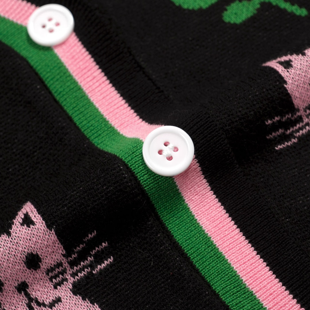 T-shirt en maille noir rétro pour femme à col en V avec motif chat