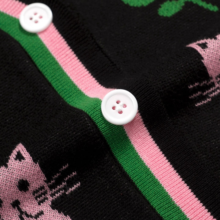 T-shirt en maille noir rétro pour femme à col en V avec motif chat
