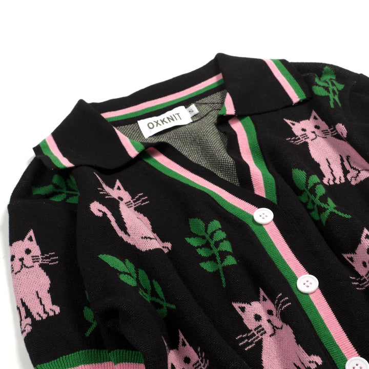 T-shirt en maille noir rétro pour femme à col en V avec motif chat