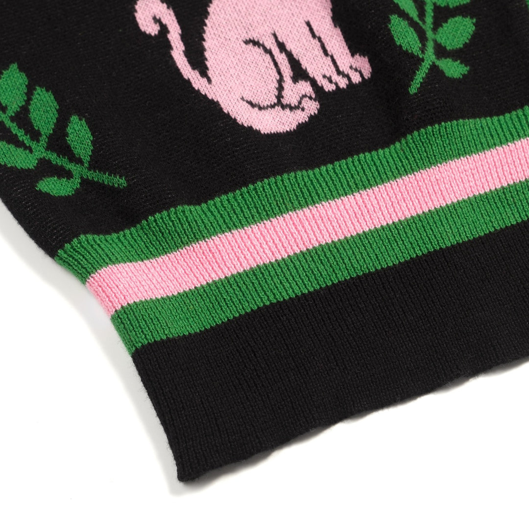 T-shirt en maille noir rétro pour femme à col en V avec motif chat