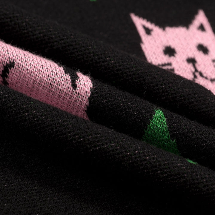 T-shirt en maille noir rétro pour femme à col en V avec motif chat