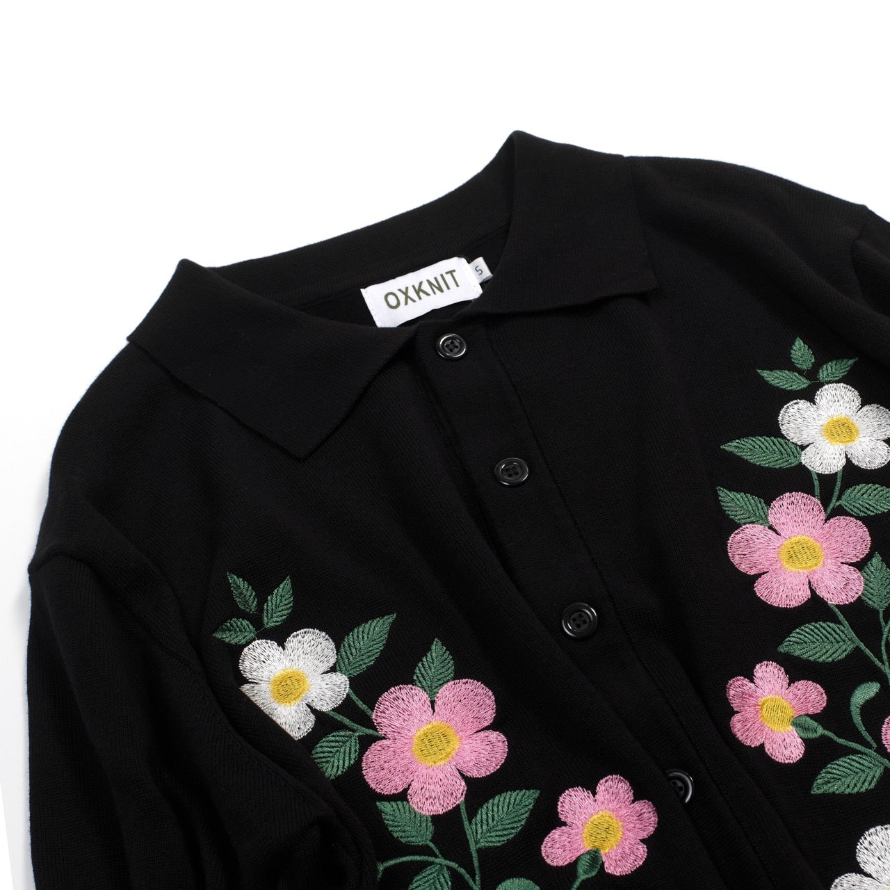 Men's black floral embroidered and striped trim knit cardigan – OXKnit
