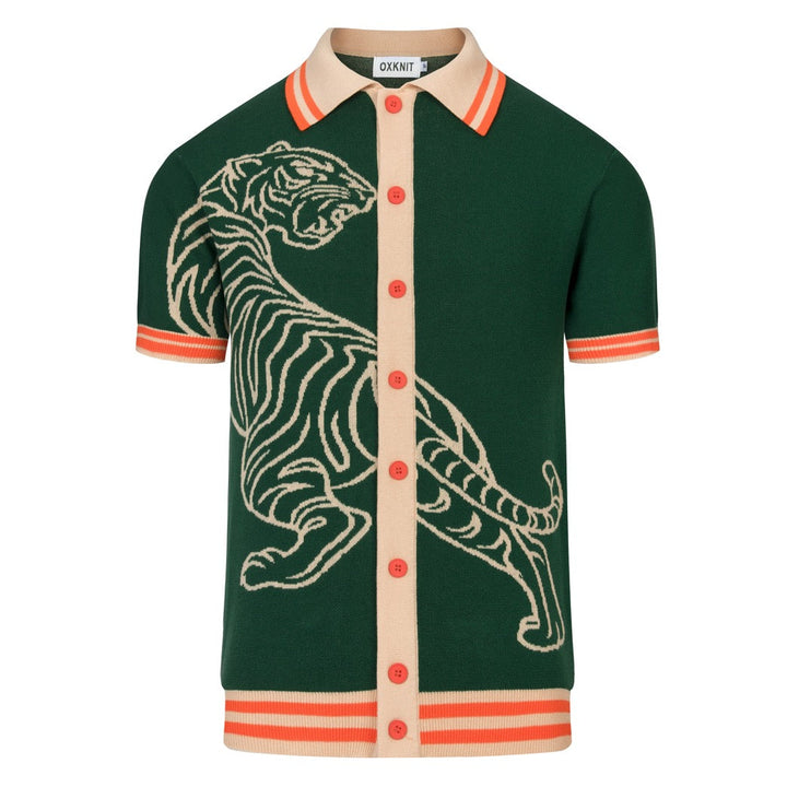Groen Retro Luxe Stijl Heren Vest met Tijger Jacquard Breisel