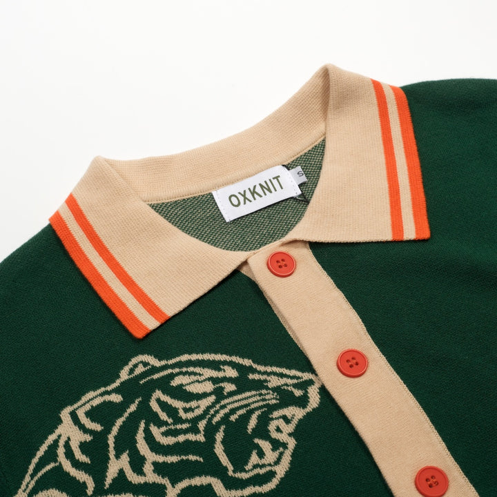 Groen Retro Luxe Stijl Heren Vest met Tijger Jacquard Breisel