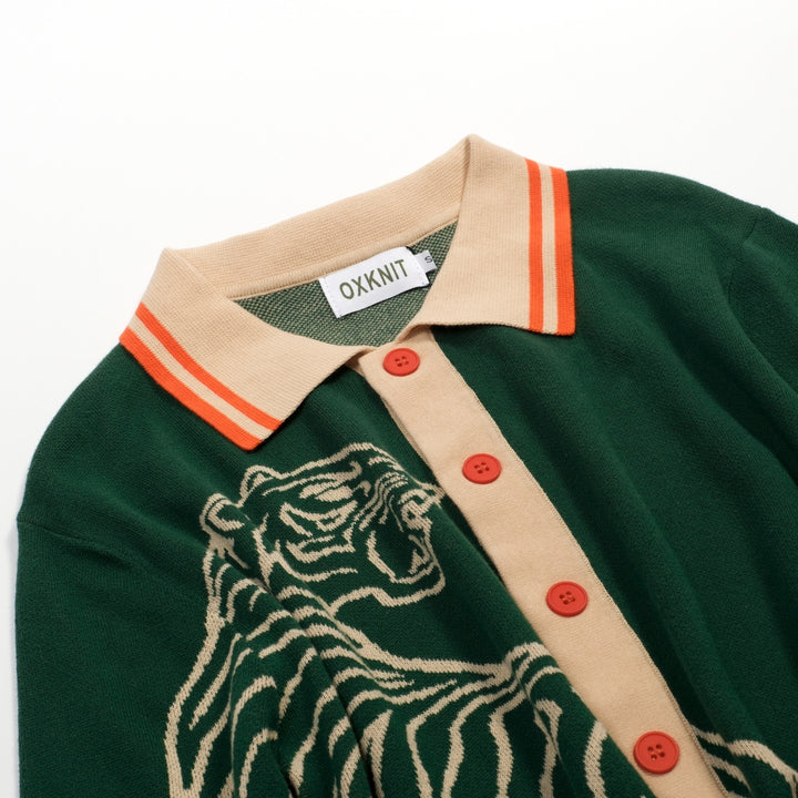 Groen Retro Luxe Stijl Heren Vest met Tijger Jacquard Breisel