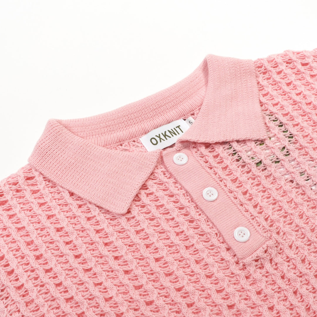 Heren Roze Retro Kabelgebreide Gedraaide Opengewerkte Gebreide Polo Shirt