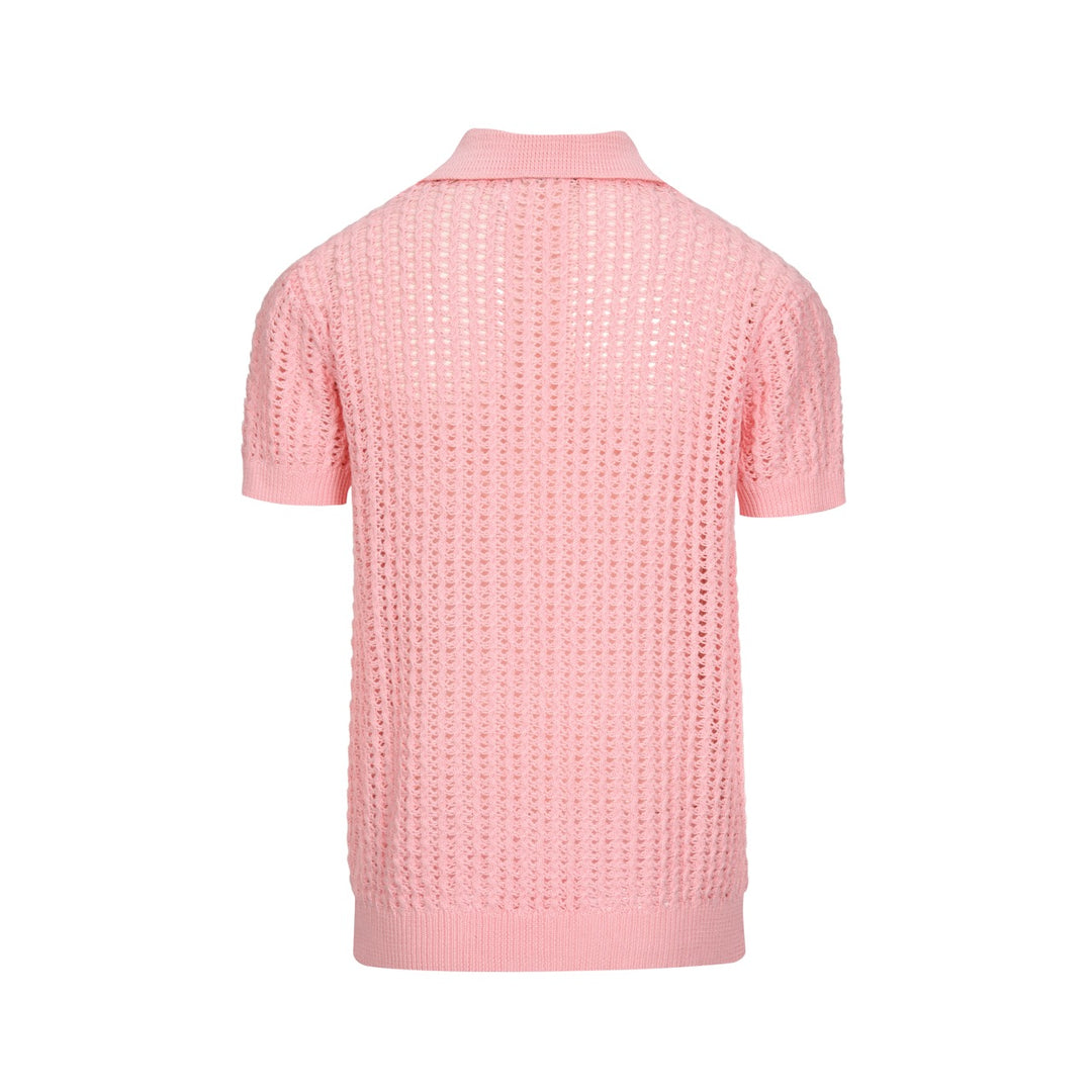 Heren Roze Retro Kabelgebreide Gedraaide Opengewerkte Gebreide Polo Shirt