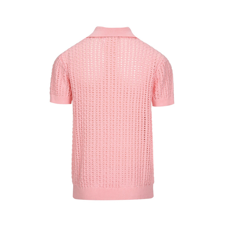 Heren Roze Retro Kabelgebreide Gedraaide Opengewerkte Gebreide Polo Shirt