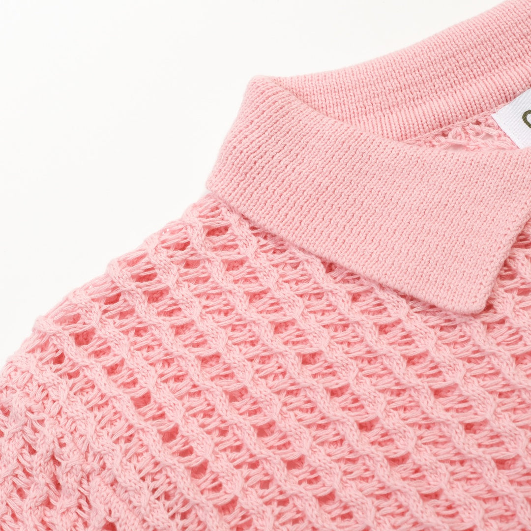 Heren Roze Retro Kabelgebreide Gedraaide Opengewerkte Gebreide Polo Shirt