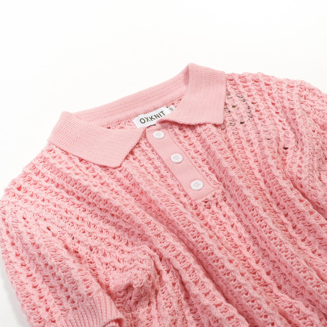 Heren Roze Retro Kabelgebreide Gedraaide Opengewerkte Gebreide Polo Shirt