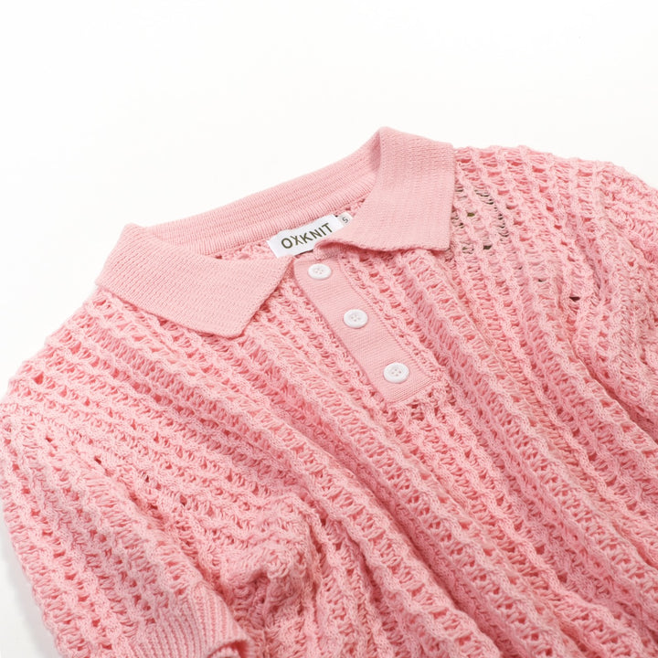 Heren Roze Retro Kabelgebreide Gedraaide Opengewerkte Gebreide Polo Shirt