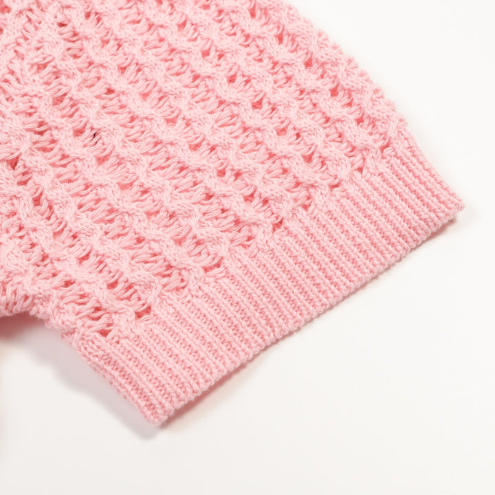 Heren Roze Retro Kabelgebreide Gedraaide Opengewerkte Gebreide Polo Shirt