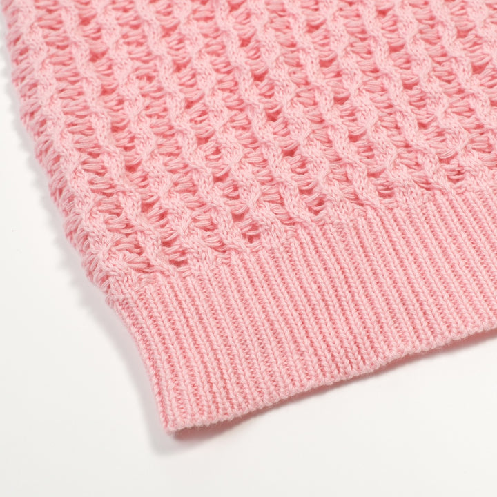 Heren Roze Retro Kabelgebreide Gedraaide Opengewerkte Gebreide Polo Shirt