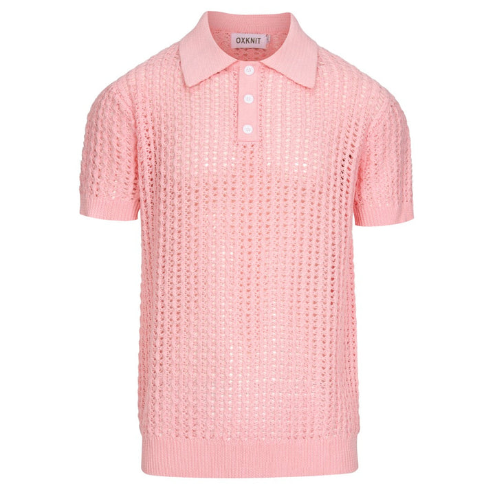 Heren Roze Retro Kabelgebreide Gedraaide Opengewerkte Gebreide Polo Shirt