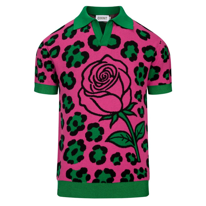 Men's Magenta Vintage Rose Leopard Print Jacquard Polo Knit Sweater