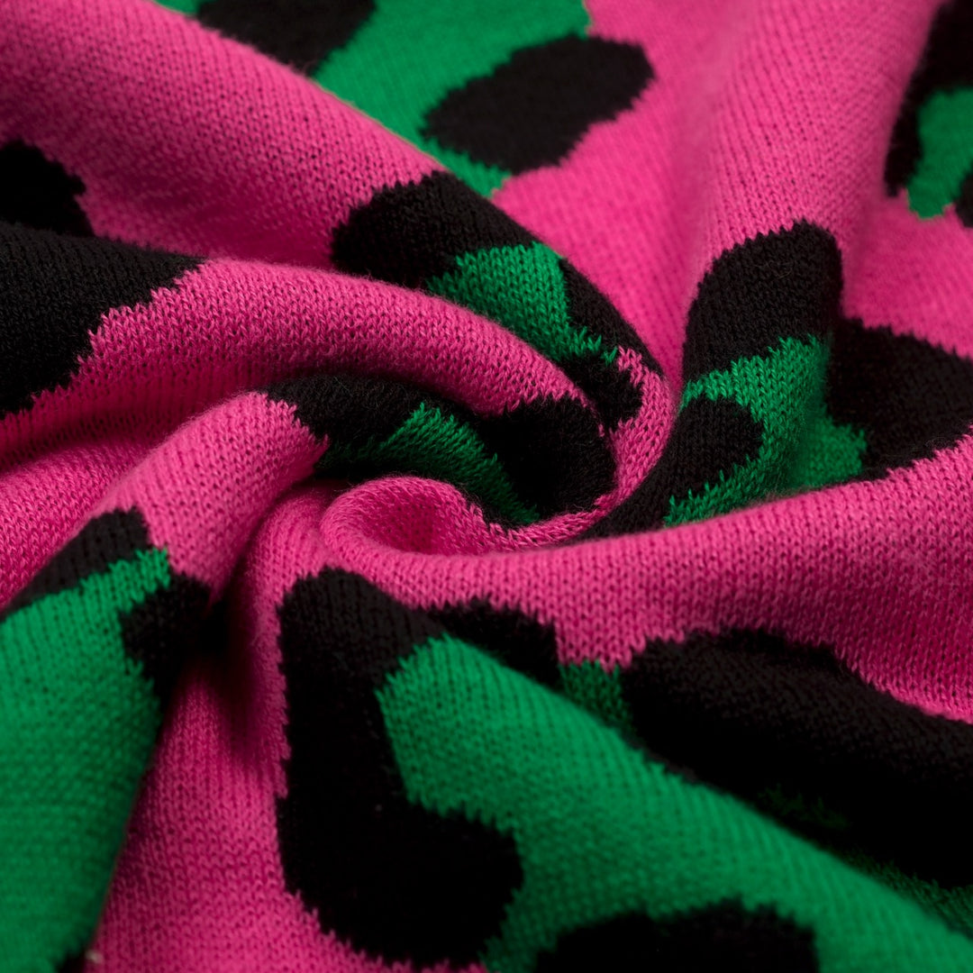 Men's Magenta Vintage Rose Leopard Print Jacquard Polo Knit Sweater