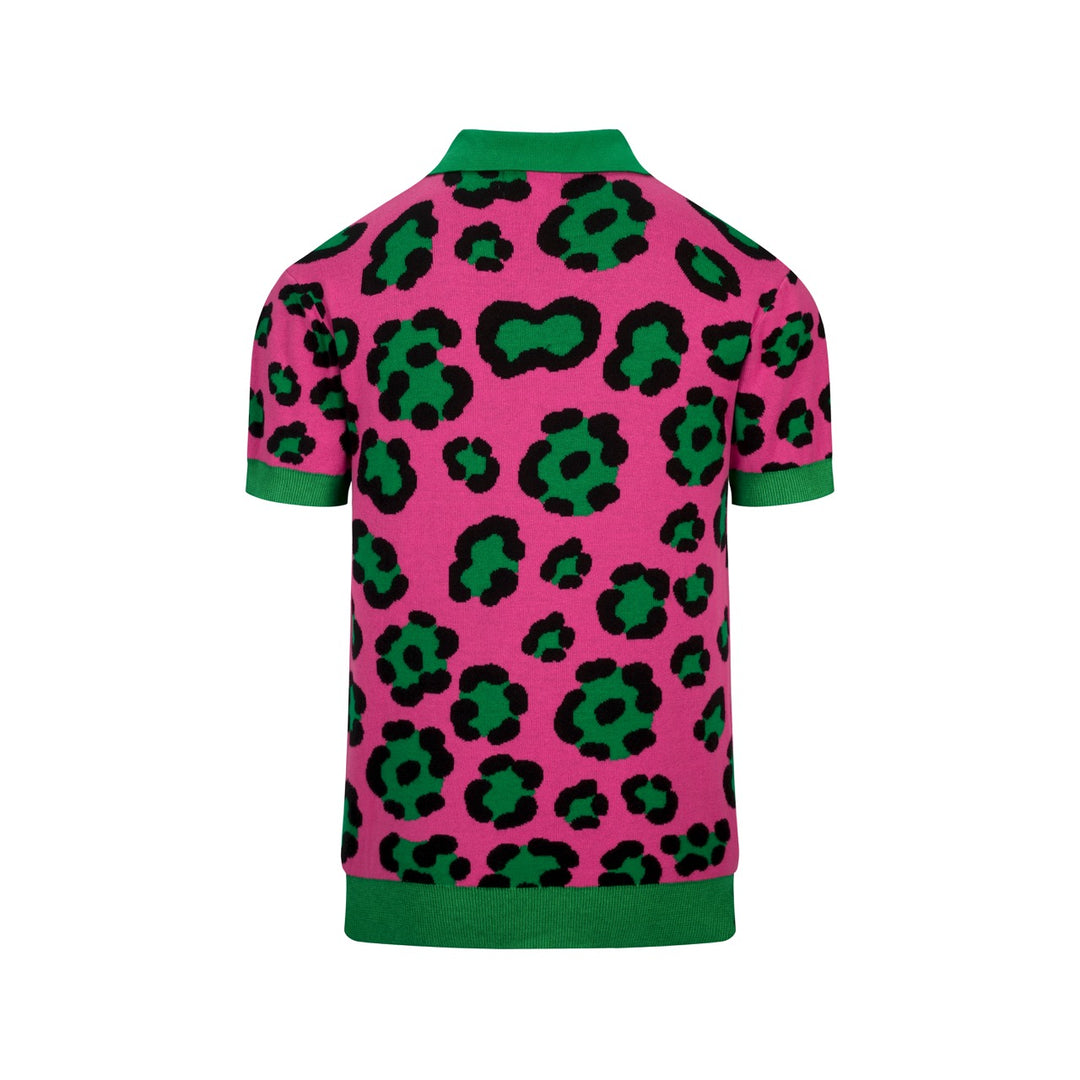 Men's Magenta Vintage Rose Leopard Print Jacquard Polo Knit Sweater