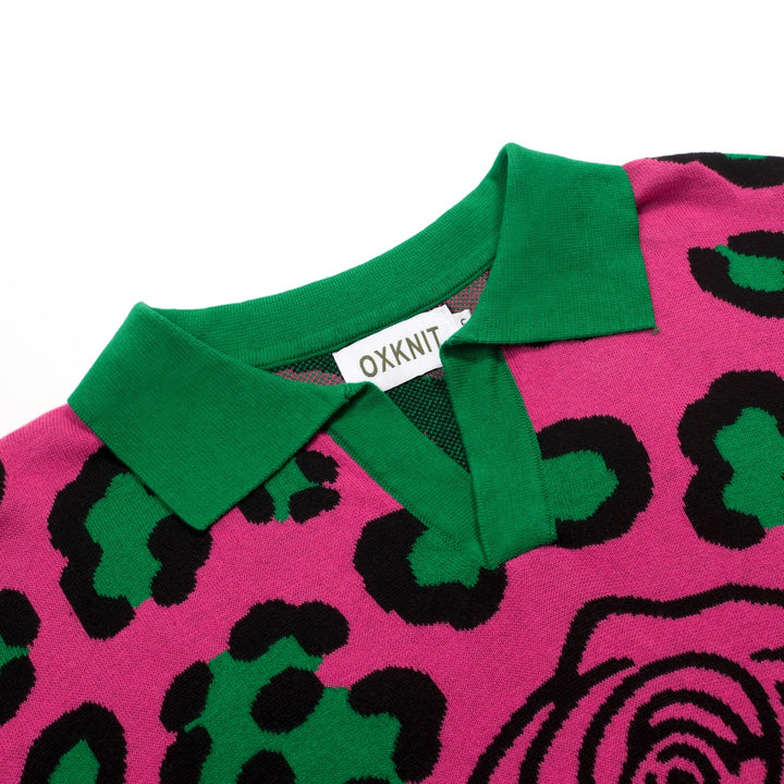 Men's Magenta Vintage Rose Leopard Print Jacquard Polo Knit Sweater
