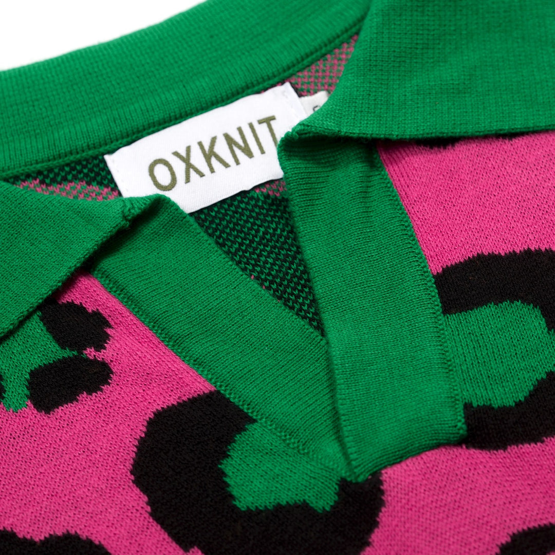 Men's Magenta Vintage Rose Leopard Print Jacquard Polo Knit Sweater