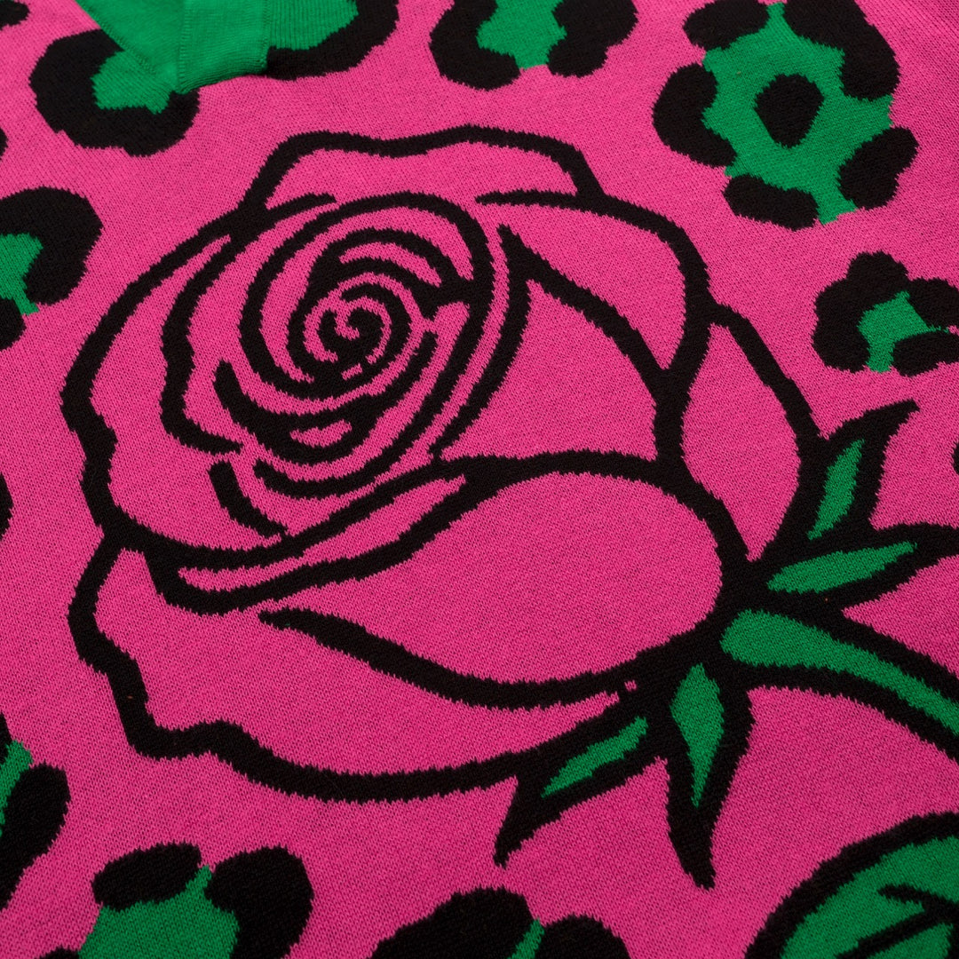 Men's Magenta Vintage Rose Leopard Print Jacquard Polo Knit Sweater