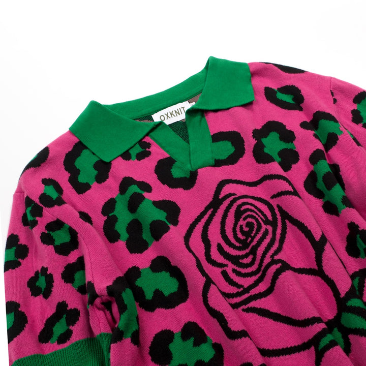 Men's Magenta Vintage Rose Leopard Print Jacquard Polo Knit Sweater