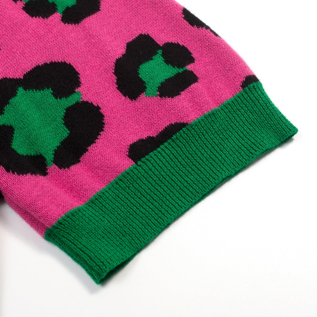 Men's Magenta Vintage Rose Leopard Print Jacquard Polo Knit Sweater