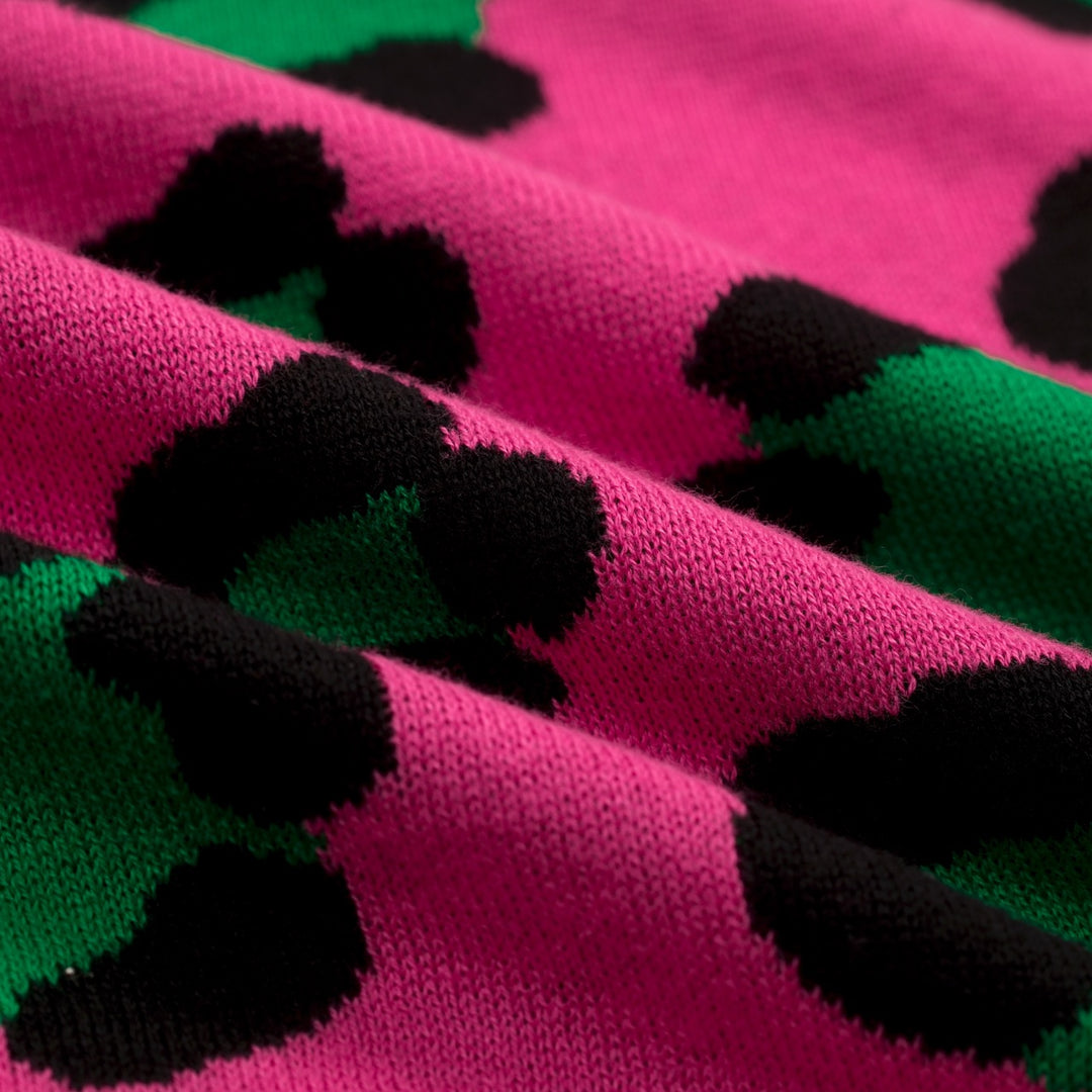 Men's Magenta Vintage Rose Leopard Print Jacquard Polo Knit Sweater