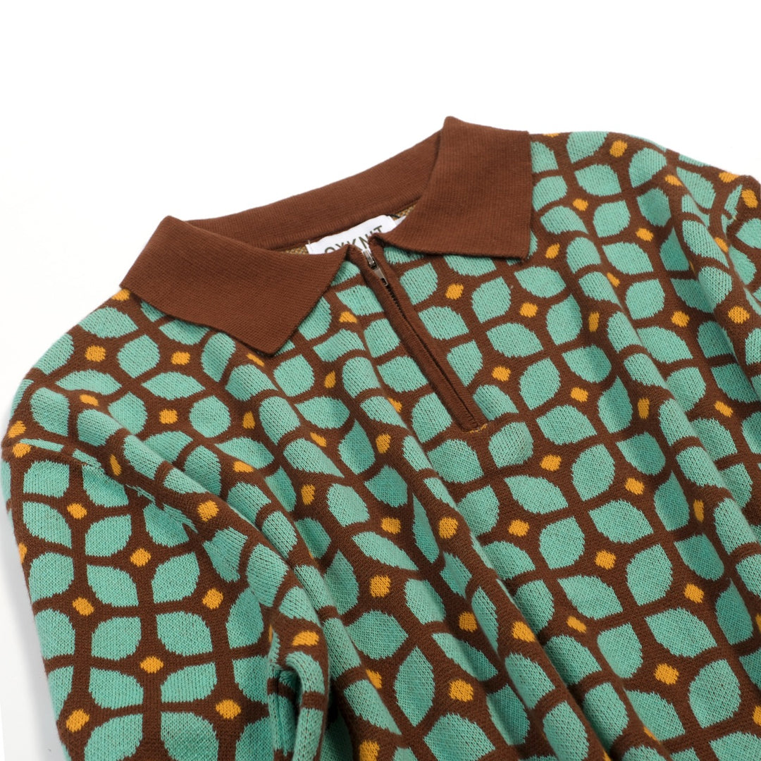 Heren Multicolor Geometrisch Patroon Rits Jacquard Polo Gebreide Trui