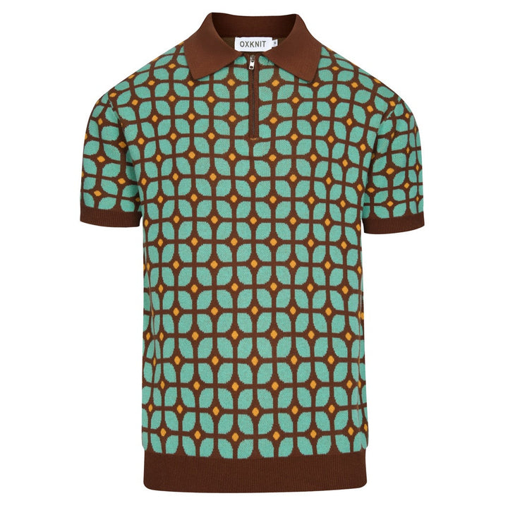 Heren Multicolor Geometrisch Patroon Rits Jacquard Polo Gebreide Trui