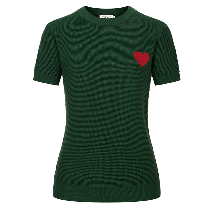 Damen Grünes Retro-Herz-Stickerei Strickt-Shirt