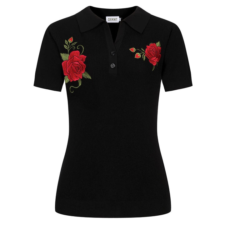 Women's Black Vintage Rose Embroidered Polo Collar Knit T-Shirt