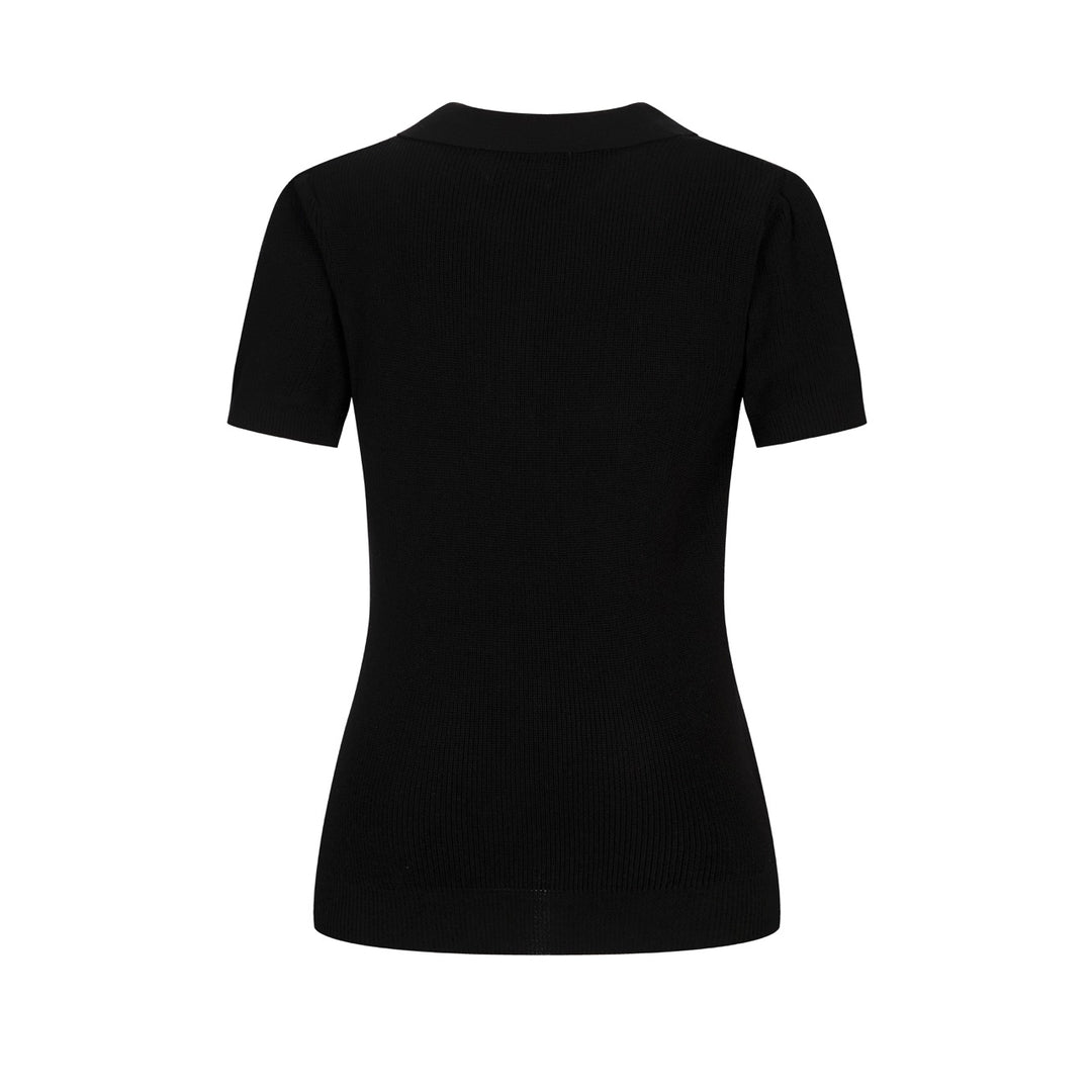 Women's Black Vintage Rose Embroidered Polo Collar Knit T-Shirt