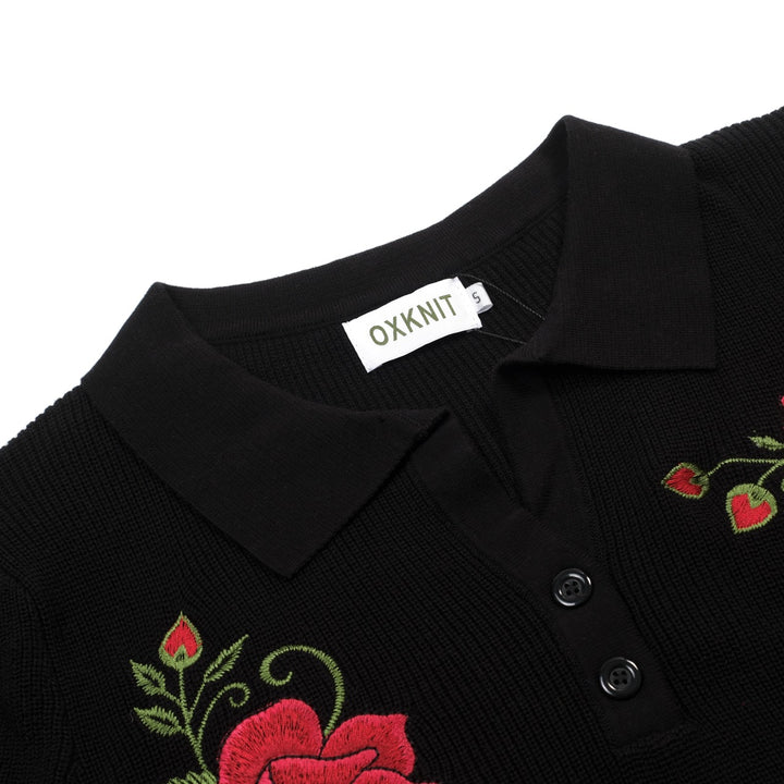 Women's Black Vintage Rose Embroidered Polo Collar Knit T-Shirt