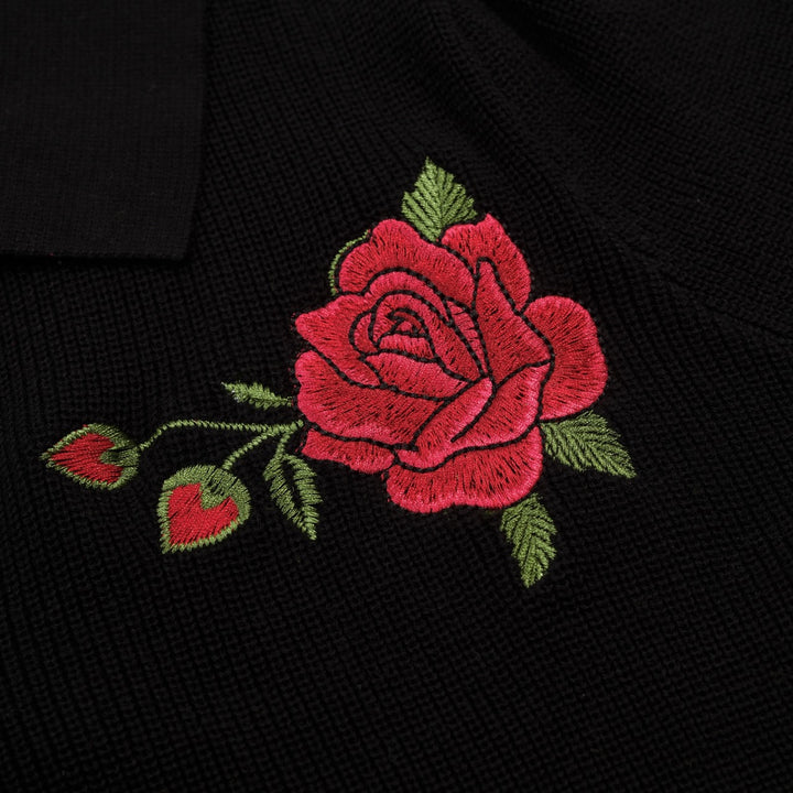 Women's Black Vintage Rose Embroidered Polo Collar Knit T-Shirt