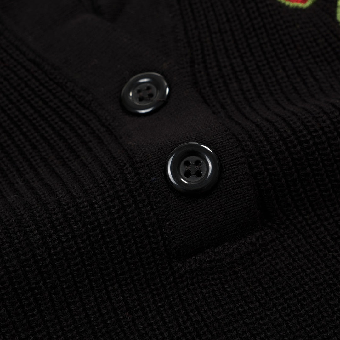 Women's Black Vintage Rose Embroidered Polo Collar Knit T-Shirt