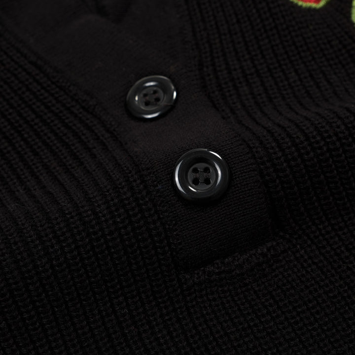 Women's Black Vintage Rose Embroidered Polo Collar Knit T-Shirt