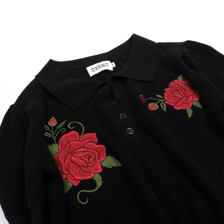 Women's Black Vintage Rose Embroidered Polo Collar Knit T-Shirt