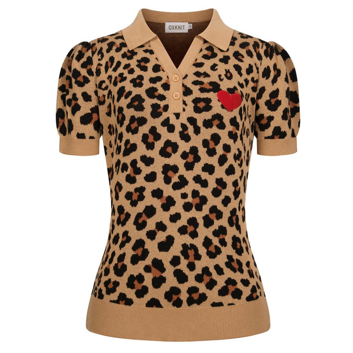 Women's Khaki Retro American Heart Embroidery Jacquard Knit T-Shirt